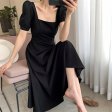 Women Square Neck Over the Knee Long Little Black Dress