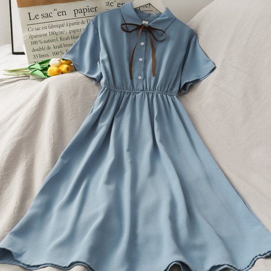 Chiffon Bow Solid High Waist Turn-down Collar Women Dress