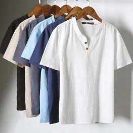 Summer Linen Short-sleeved T-shirt Linen V-neck Trendy Men's